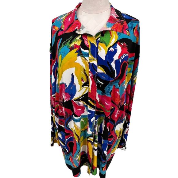 Norma Kamali Bright Floral Print Long Sleeve‎ Snap Front Blouse Large - Picture 1 of 4